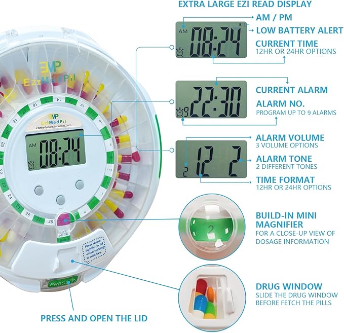 EziMedPil Bluetooth Pill Dispenser w/Audio & Visual Alerts, SmartLife Setup, up to 9 Alarms/Daily, 9 Dosage Templates, LCD Display, Lock Medication Dispenser w/Key for Prescriptions & Vitamins, Clear