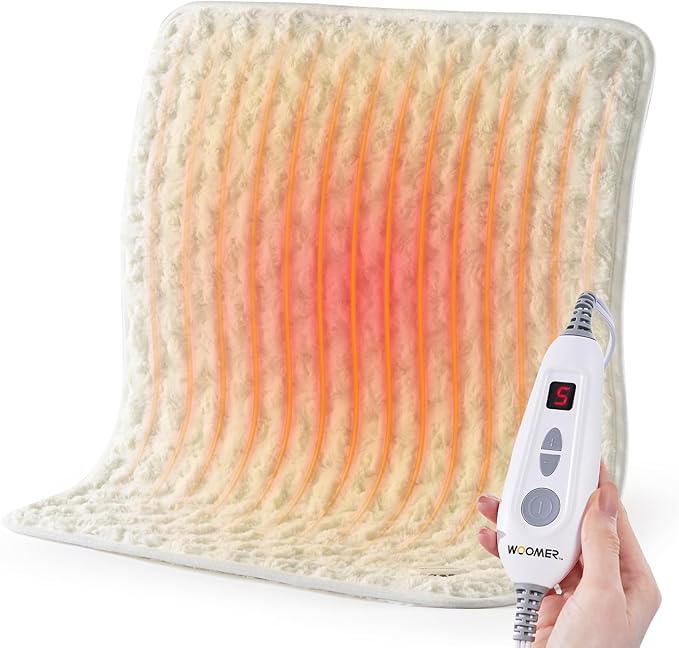 Woomer Faux Fur Electric Heating Pad for Back Pain Relief, Extra Large 20” x 24”, Extended Coverage from Neck to Hip, Two-Sided, Moist Mode, ETL Certified, 6 Adjustable Heats & 2H Auto-Off,White