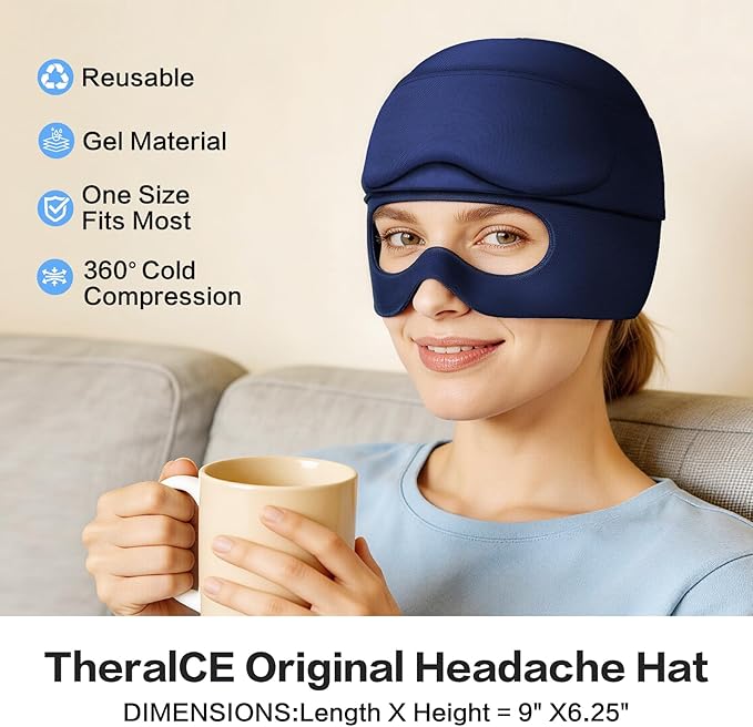 Migraine Relief Cap，2 in 1 Headache Relief Cap with Gel Eye Mask Ice Head Wrap Hot and Cold Therapy Hat for Headache Puffy Eyes Sinus and Tension Stress Relief