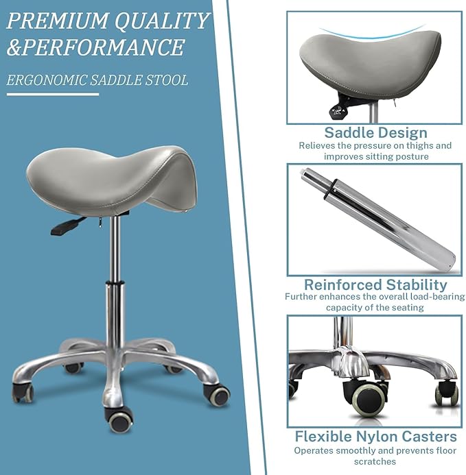 Saddle Stool with Wheels,Rolling Stool,Rolling Chair Ergonomic Swivel Rolling Chair with Hydraulic Lifting Height Adjustable Rolling for Office Medical Massage Salon Drafting(Grey)