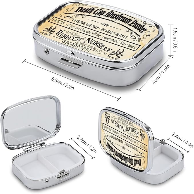 Metal 2 Compartment Pill Organizer Travel Friendly Portable Compact Pill Box Cute Pill Case to Hold Vitamins/Fish Oil/Supplements/Meds/Tablet for Purse/Pocket (Vintage Skull Label)
