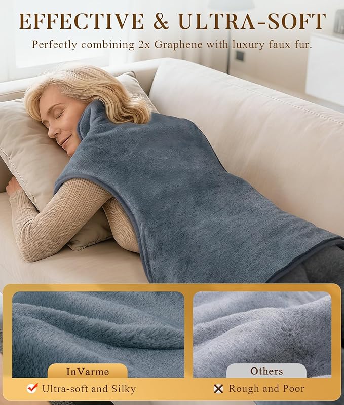Neck-Back Far Infrared Heating Pad: 2X Graphene and Luxury Plush Electric Heating Pad for Neck Shoulders and Back - 3X Deep Pain Relief for Mom Dad in Full Body - 24” X 37” 2H Auto Off
