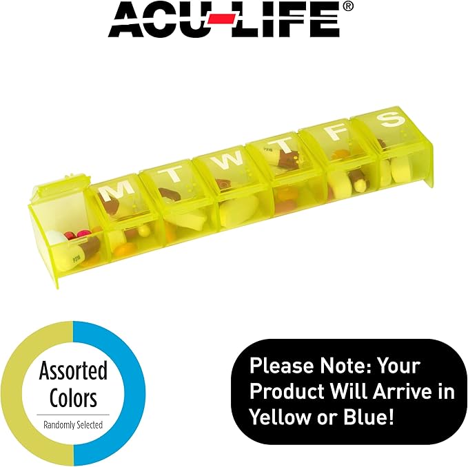 Acu-Life Weekly (7-Day) Pill Case, Medicine Planner, Vitamin Organizer Box, Large Compartments, Convenient and Easy to Use, Color May Vary, BPA Free