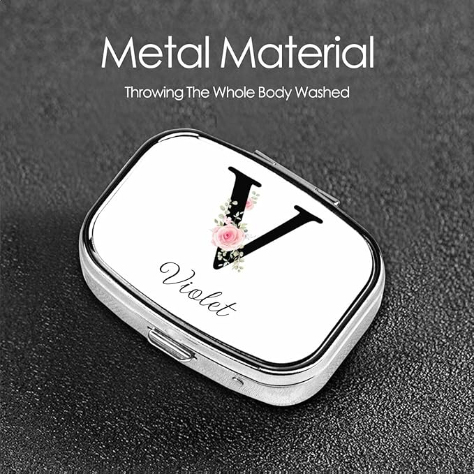 Custom Pill Box Personalized Square Small Pill Case with Mirror Add Your Photo Text Logo Name Decorative 2 Compartment Portable Metal Medicine Container Vitamin Organizer for Pocket Purse Travel (V)