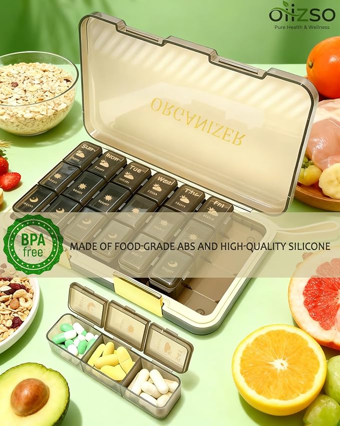 Weekly Pill Organizer 3X a Day, Large 7 Day Pill Box 3 Times, Portable for Travel Pill Case for Pills Vitamin Fish Oil Medication Supplements (Brown)
