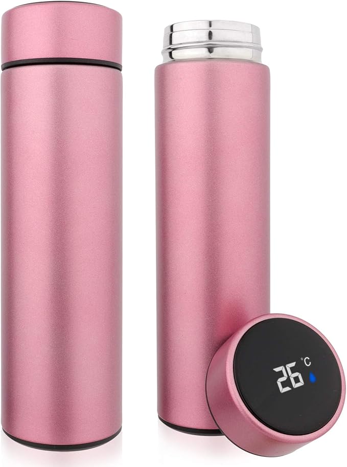 QiCheng&LYS Coffee Cup,Tea Infuser Bottle,Smart Sports Water Bottle with LED Temperature Display,17 OZ Vacuum-Insulated Stainless-Steel Water Bottle (Pink)