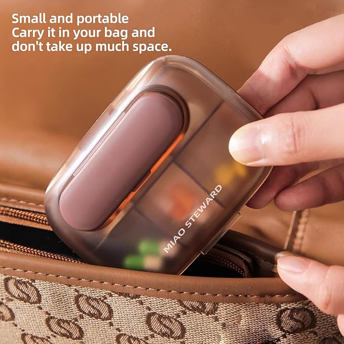Portable 6-Grid Pill Organizer Waterproof Magnetic Small Lightweight BPA-Free Daily Outing Vitamin Supplement Herb Storage Box for On-The-Go Medication Brown