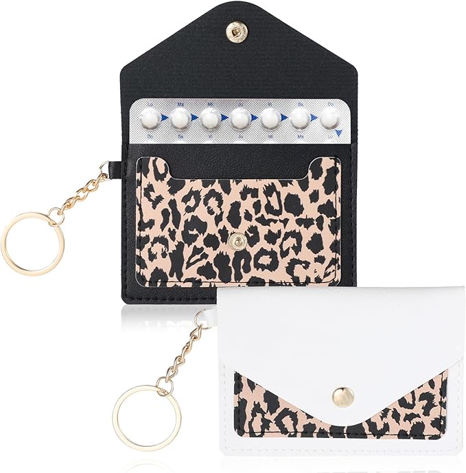 Birth Control Pill Case Sleeve Packet, 2 Packs PU Leather Birth Control Pills Case Holder 4.3 X 3 Inch Privacy Protection Pill Wallet with Key Ring for Pills Card Organizer, Black