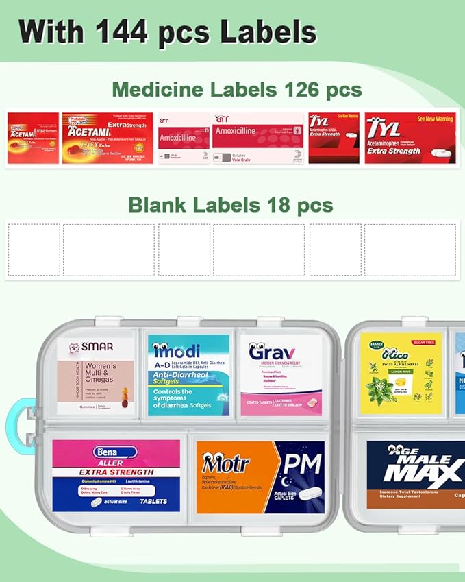 2Pcs Pill Organizer Medicine Organizer Travel Essentials - Travel Pill Case with Labels, Large Daily Medicine Dispenser