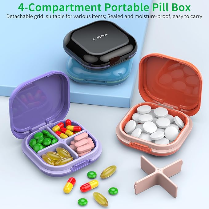 Daily Pill Organizer 4 Compartments, Small Pill Box Portable Travel Pill Case, Mini Pill Container for Purse Pocket, Compact Travel Medicine Organizer for Vitamin, Cod Liver Oil, Supplement (Pink)