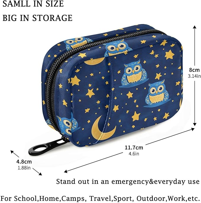 Fustylead Cute Blue Owls Moon Stars Night Sky Doodle Pill Organizer and Storage Weekly with Zipper, Removable Pill Box Portable Medicine Organizer for Vitamin Fish Oil Supplement