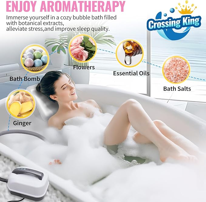 Bubble Bath Mat Tub Spa Massager, Portable Spa Bubble Bath Massager with Upgraded Powerful Suction Cup, Electric Air Pump, Pillow and Remote Control for Relaxation 45 * 17in (Pink)