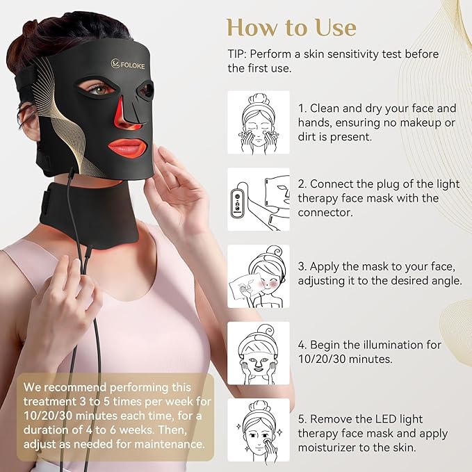 LED Light Therapy Mask Skin Care Mask, LED Red 630±5nm & NIR 830nm Wavelength for Home Use（Advanced Black）