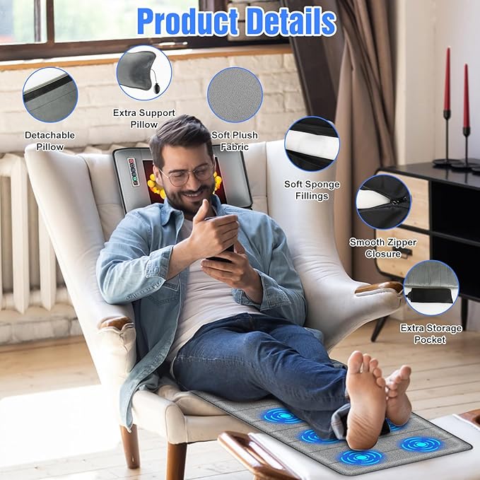 Full Body Massage Mat with Heat,Electric Massage Pad with Shiatsu Neck Back Massage Pillow,Massage Mattress Chair Pad W/ 10 Vibration Motors 3 Heating Levels for Neck,Back&Full Body Pain Relief