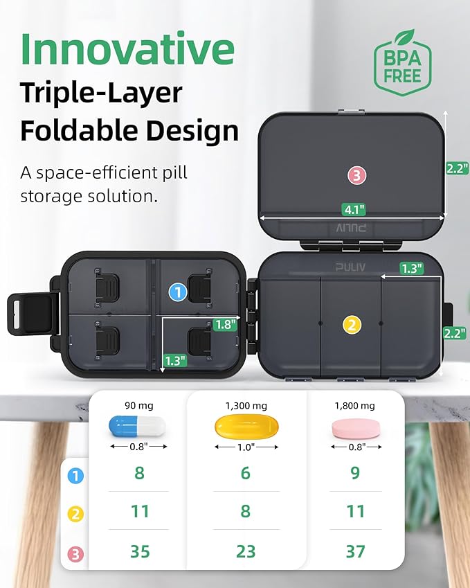 PULIV Travel Pill Organizer with 3 Layers for Compact and Large Storage, Easy-to-Open Daily Pill Box Case, Portable Medication Organizer with 8 Compartments for Supplements, Vitamins, Fish Oils