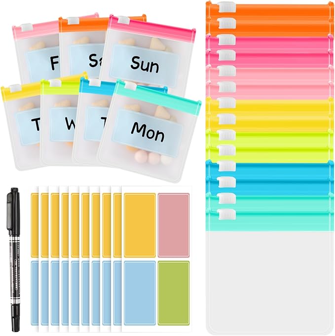 MARFOREVER 25 PCS Pill Pouch Bags Reusable Medicine Organizer Travel Pill Container Storage Pill Case with Slide Lock 14 pcs Plastic Pill Bags 10 pcs Sheets Labels and A Marker