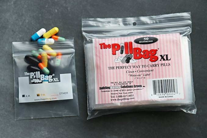 | Medicine Pill Organizer with Labels for AM/PM | Resealable Disposable Pill Pouches for Medicine, Vitamins, Gummies | Plastic Pill Bags for Travel | XL Size | 50 Count