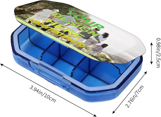 Customizable Portable 6-Compartment Pillbox, Printed with Your Photo, Text, and Logo. It can be Placed in Your Pocket or Wallet to Store Vitamins, Medicines/Health Supplements/Other medications.