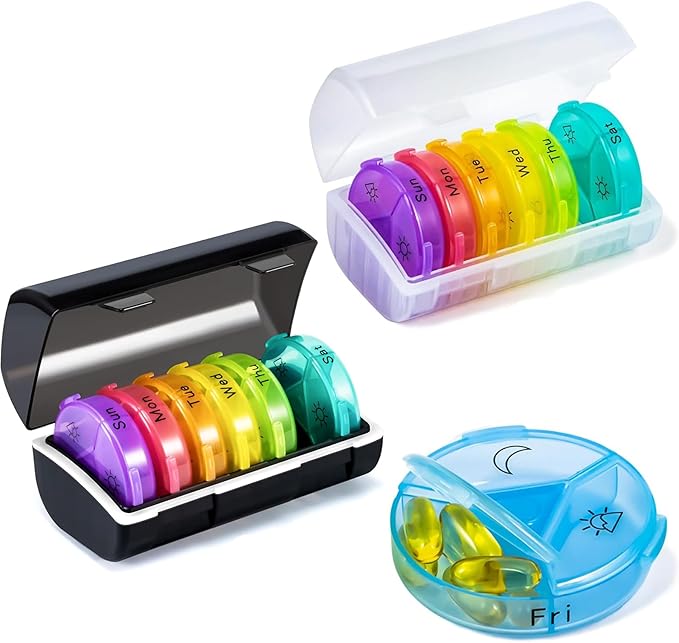 Weekly Pill Organizer 3 Times a Day, 2 Pack Portable Travel Pill Box 7 Day, Large Pill Case Container, AM/PM Daily Medicine Organizer for Vitamin, Fish Oils, Supplements (Black+White)