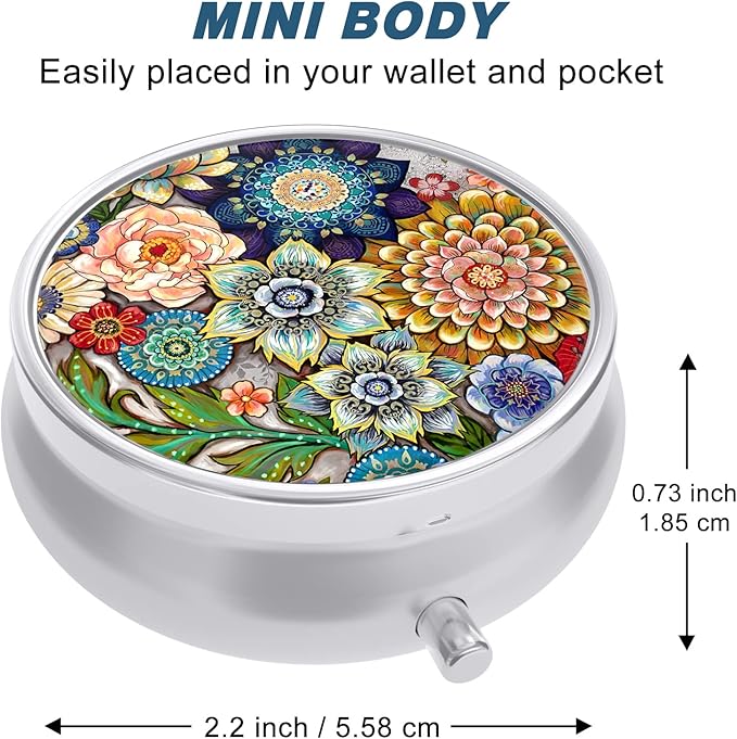 Pill Case, Cute Travel Pill Box for Purse, Moisture Proof Small Medicine Holder, Portable Pocket Medicine Organizer Dispenser to Hold Vitamins, Cod Liver Oil, Supplements, Mandala Flower
