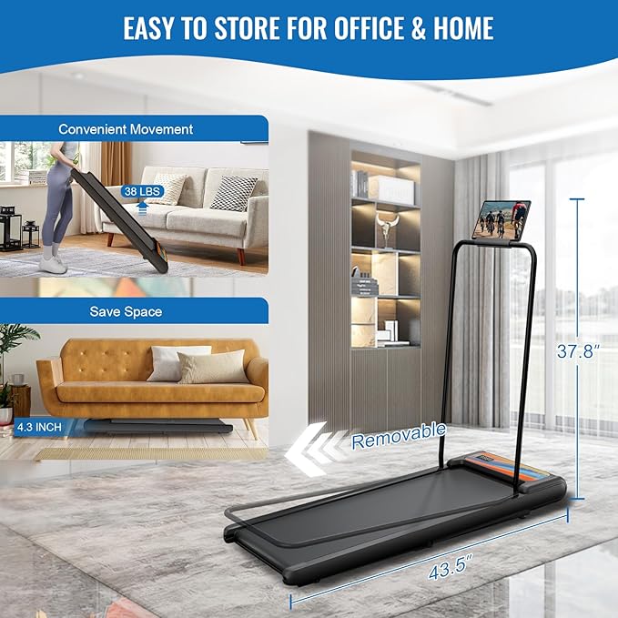 RIVANO Treadmill with Handles, Electric Treadmills for Home Small, 2.5HP Walking Pad Treadmills with Handle Bar, Under Desk Treadmill with Remote Control LED Display, 270LBS Capacity