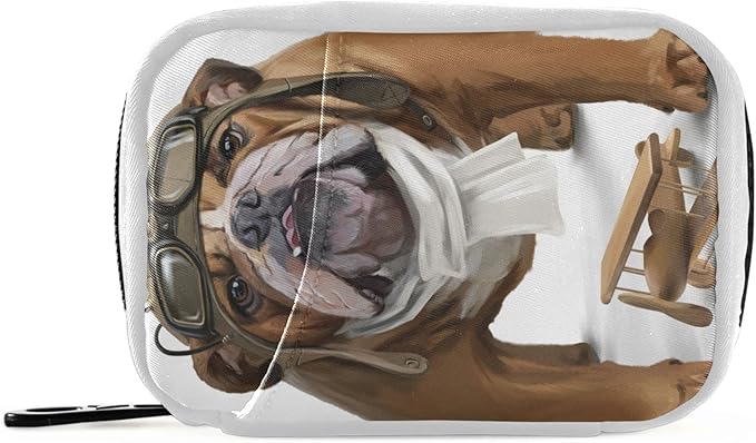 English Bulldog Aviator Pill Medicine Organizer Case 7 Day, Cute Travel Pill Box Purse Bag with Zipper, Portable Weekly Vitamin Supplement Holder