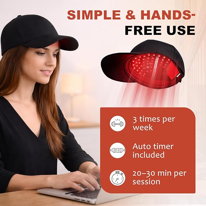 LLLT Laser Hair Growth Cap - 650nm Red Light Therapy for Hair Regrowth, Full Scalp Coverage Treatment for Men & Women with Thinning Hair, Portable & Hands-Free, Black