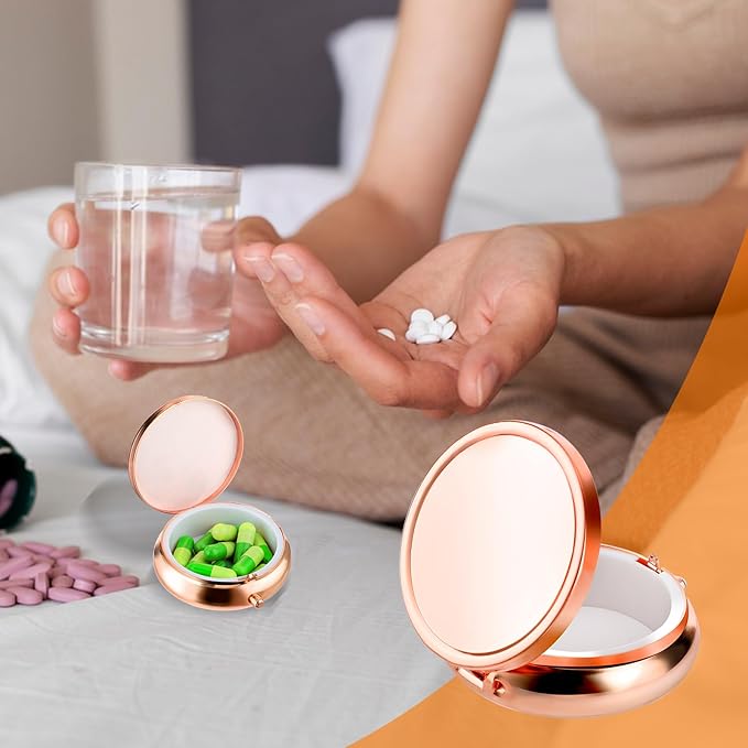 Pill Box Cute Small Pill Box for Purse & Pocket Medicine Organizer Travel Pillbox Waterproof Pill Case Metal Pill Container Holder for Vitamins, Fish Oil, Supplements (Rosegold)