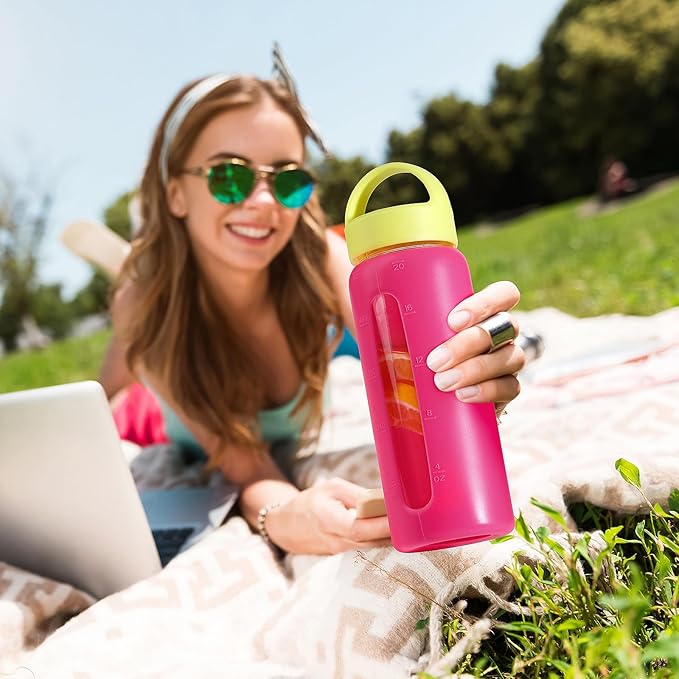 Kodrine 20oz Glass Water Bottle with Straw-2 Lids-Iced Coffee Cup with Silicone Sleeve & Time Marker, Reusable Glass Drinking Bottle for Home,Office,Outdoors, Cupholder Friendly-Rose Red