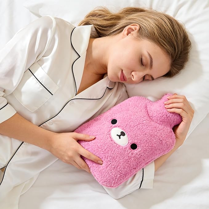 samply Hot Water Bottle with Cute Fleece Cover, Hot Water Bag for Hot and Cold Compress, Hand Feet Warmer, Neck and Shoulder Pain Relief, Purple Bear