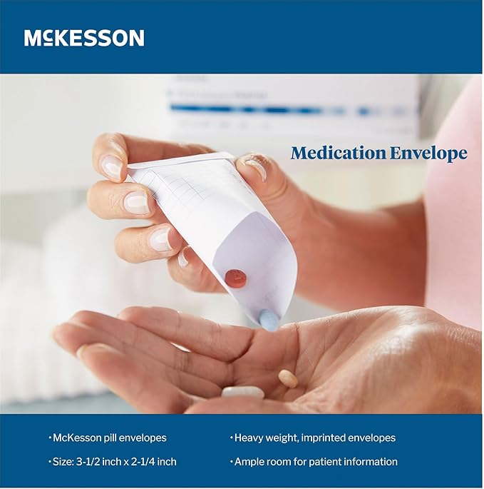 McKesson Pill Envelopes for Medicine [1000 Count] Medication Packets, Imprinted, Moisture Seal, 100 Count, 10 Packs