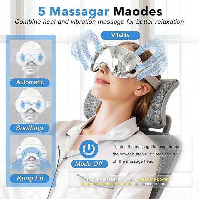 Eye Massager with Heat and Cooling for Migraines – 14 Massage Nodes for Eye Strain Relief, Rechargeable Bluetooth Music, Improve Sleep,Eye Strain Relief, Birthday Gifts for Women and Men(sliver)