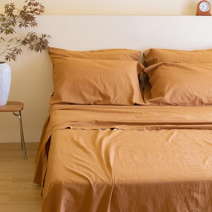 Simple&Opulence Belgian Linen Sheet Set Solid Color - 6 Pieces (1 Flat Sheet & 1 Fitted Sheet & 4 Pillowcases) 16" Deep Pocket Natural Flax Cotton Blended Soft Bedding - Rust, King Size