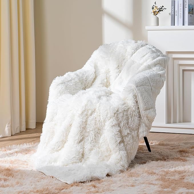 Topblan Weighted Blanket Adult15lbs, Shaggy Fuzzy Faux Fur Weighted Throw with Warm Cozy Sherpa Fleece to Help with Better Sleep, 48x72 inches Cream