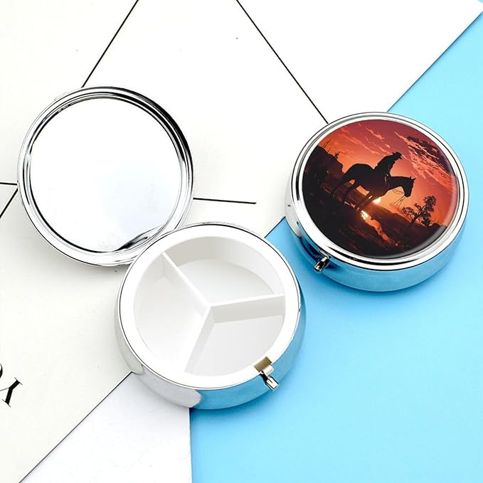 Round Metal Pill Box,Cowboy West Printed Travel Pill Organizer Portable Pill Container Small Pill Box for Purse and Pocket for Storing Vitamins, Medicines and Supplements
