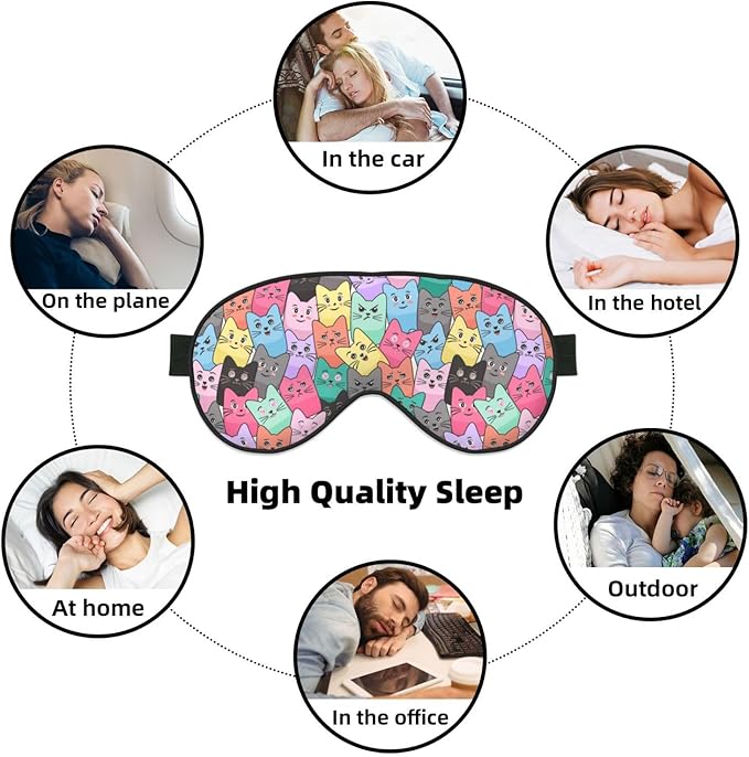 Cute Colorful Cartoon Cat Sleep Mask Eye Mask with Adjustable Strap Eye Sleep Shade Cover Blocks Light for Women Men Airplane Travel Nap