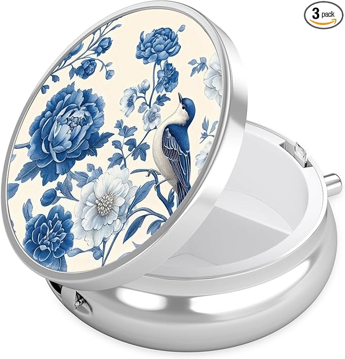 Blue Bird Blooming Flower Pill Case, Pill Box 3 Compartments Metal Small Pill Holder with Mirror Mini Travel Pill Container for Purse Pocket Women Men
