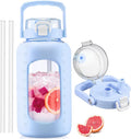 BLUEGO 84oz Glass Water Bottle with Straw and Handle, Large Water Bottle with Sip & Chug Lid, 2.5L Water Jug Silicone Sleeve with Time, Full Day Drinking Bottle for Sports BPA Free, Blue