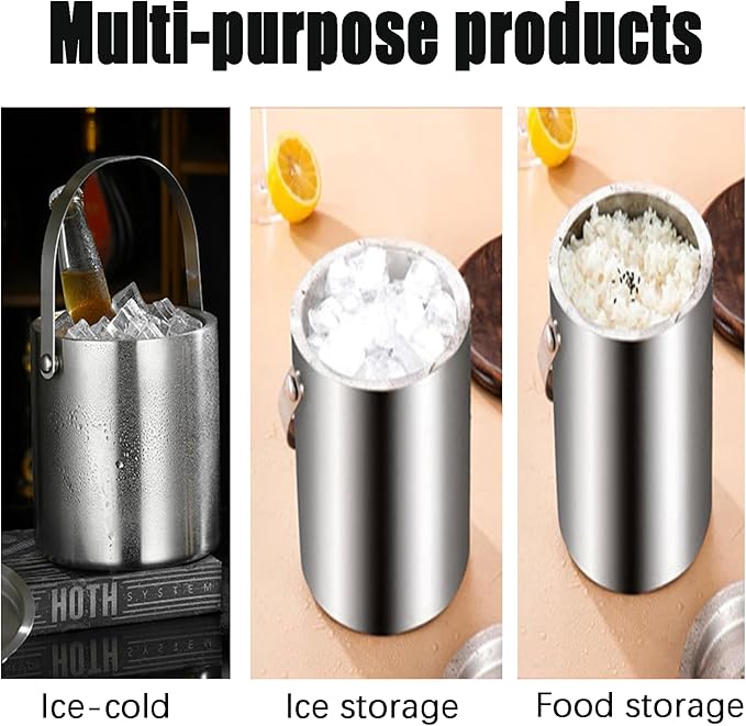 3L Double-Wall Insulated Ice Bucket with Lid, Ice shovel &Tongs and Strainer, Stainless Steel Ice Bath Tub with Silicone Sealed Lid for Wine, Ice Buckets for Parties, Wine Chiller, Light Sliver