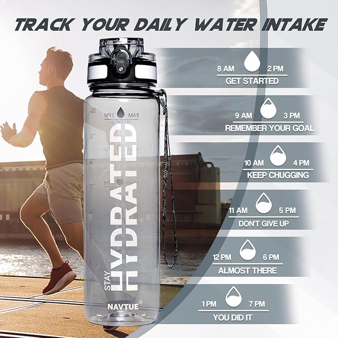 Water Bottle, 32 oz Sports Water Bottles with Time Marker Wide Mouth, Motivational and Leakproof Drink Bottle, BPA Free Tritan with Carry Strap for Gym Fitness Outdoor(1 Bottle)