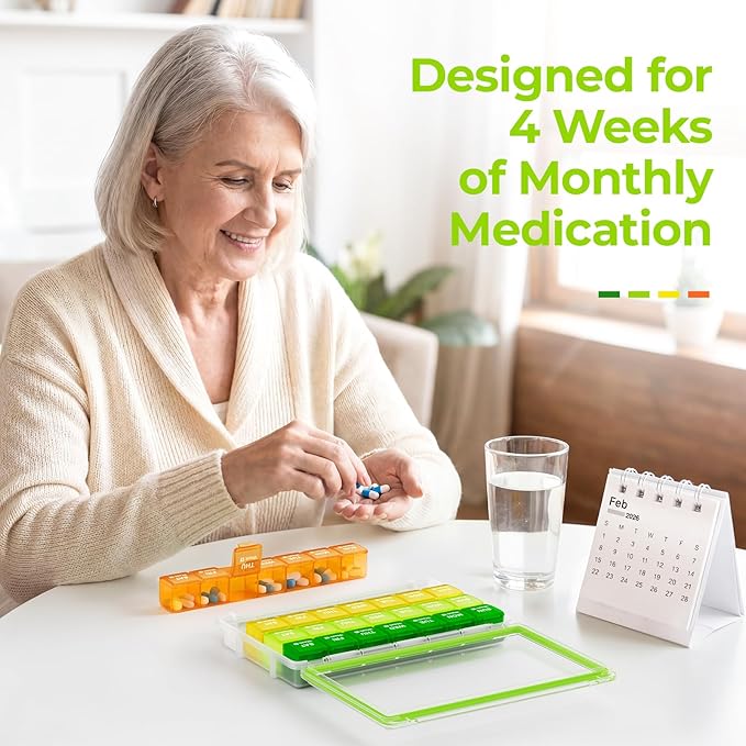 AUVON Moisture-Proof Monthly Pill Organizer, Large 28 Days Pill Box Case with Removable 4 Weeks Medication Organizer Rows, Travel-Friendly to Store Fish Oils, Vitamins, Supplements, Medications