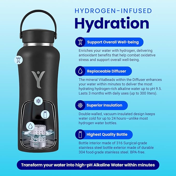 DYLN Hydrogen Water Bottle | Create Hydrating Alkaline Hydrogen-Rich Water Up to 9 pH | Vacuum Insulated Stainless Steel Water Bottle | Keeps Water Cold for 24 Hours