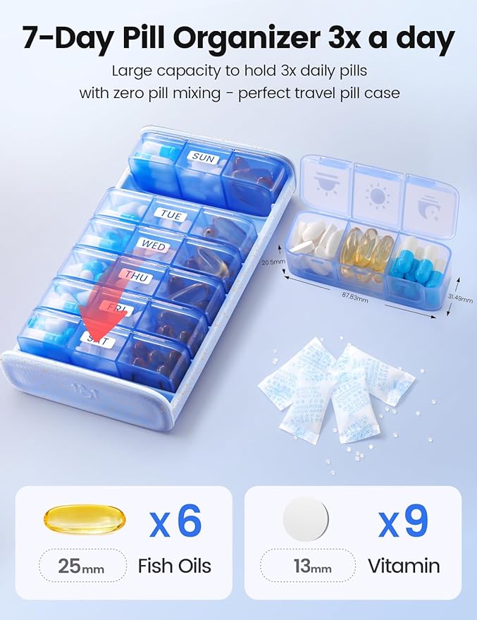 Vaydeer Metal Pill Organizer 3 Times a Day, Weekly Pill Box with Built-in Desiccant Compartment, Airtight 7 Day Travel Pill Case for Medication, Vitamins & Supplements (Silver)
