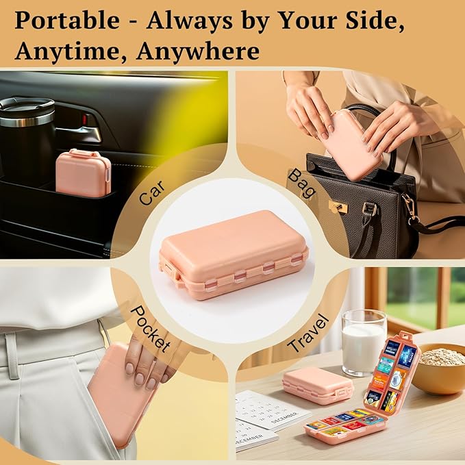 Travel Pill Organizer with Bulk Stickers & Labels - Small & Portable Week Daily Medicine Pharmacy for Pocket, Bag - 14-Compartment Foldable Supplement Box Holder for Fish Oil Vitamin - Pink