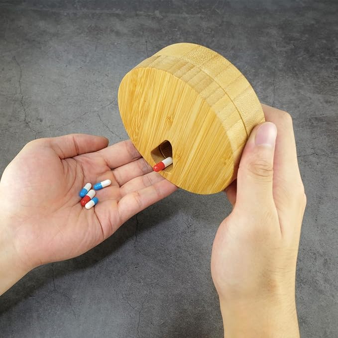 Bamboo Wood Weekly Pill Organizer for Medicine Vitamin Supplement, Arthritis Friendly 7-Day Pill Box Medium Container Holder, Daily Portable Travel Pill Case Keeper Dispenser
