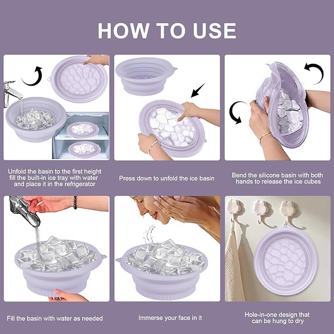 Face Bowl for Ice with Built-In Ice Tray, Face Ice Bath Bowl (Silicone), Foldable and Hanging Design, for Easy Storage and Carrying, for Cold Plunge Therapy Portable Spa Tool Home & Travel