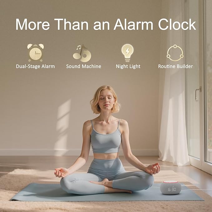 Hotmoon Alarm Clock with Sound Machine for Sleep, Luna Pro Dual-Stage Alarm, 507 Relaxing Sounds, Smart Night Light & Timer, Pink Green Brown White Noise Machine for Sleeping, Plug in, Cool Gray