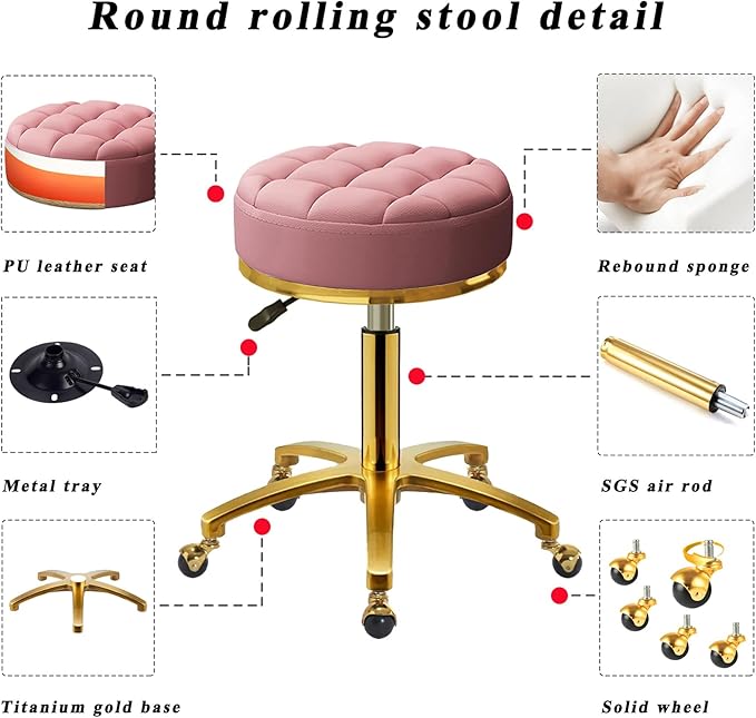Rolling Stool Gold Vanity Stool with Wheels, Pedicure Massage Roller Stools, PU Leather Round Swivel Salon Spa Chair, Titanium Gold Base, Height Adjustable 43-55 cm (Pink)