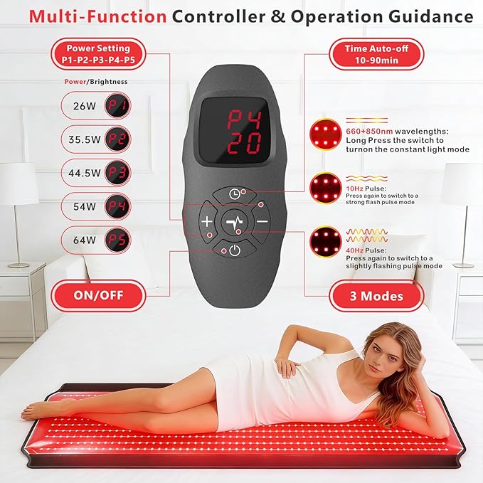 Full Body Red Light Therapy Mat, 59.1"*25.6" Whole Red Light Therapy Blanket with 3 Light Modes & 5 Working Modes, 600 LEDs redlight with 660nm & 850nm for Men, Women, Pets