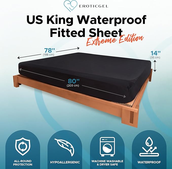 Extreme US King Waterproof Fitted Sheet, 14'' Deep Pocket, 100% Black Mattress Protector, Safe with Oil, Water-Based, & Silicone-Based Massage Products, Machine Washable, Noiseless, Hypoallergenic